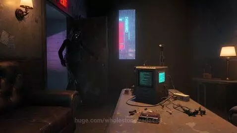 Cyberpunk hacker in a dimly lit clubroom, approaching a retro-futuristic computer terminal.