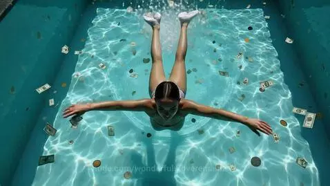 Overhead view of a woman diving into a swimming pool filled with dollar bills and coins.