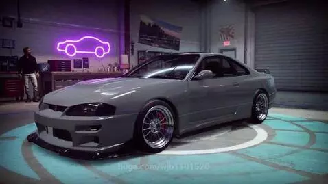Grey Nissan Silvia S14 in GTA 5 garage, transforming to pearl blue with new rims.