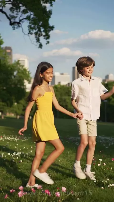 A boy and girl happily dancing together in a sunny park, holding hands.
