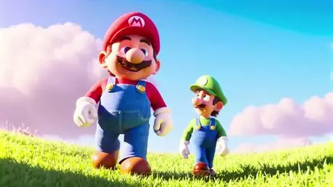 Giant animated Mario and smaller Luigi walking side-by-side in a green grassy field under a blue sky.