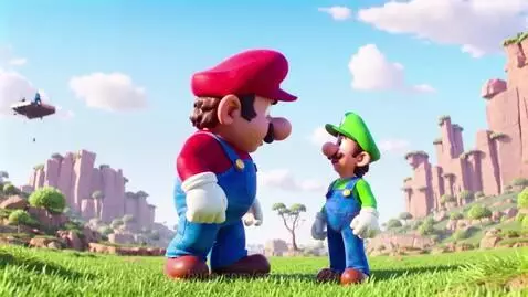 Giant Mario and smaller Luigi standing in a field with rocky mountains in the background.
