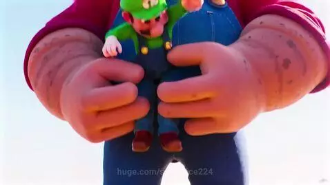 Giant animated Mario smiling and hugging a smaller animated Luigi outdoors under a clear sky.
