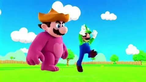 Giant pink Mario with cowboy hat and Luigi jumping and running in a green field under a blue sky.