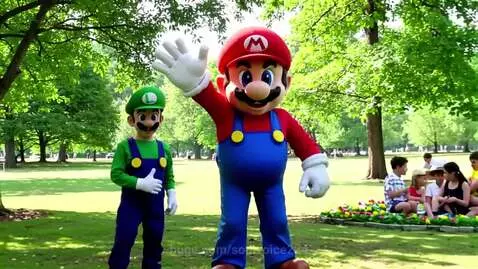 Giant Mario and Luigi costumed characters waving and giving thumbs-up in a sunny park with children in the background.