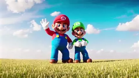 Giant animated Mario and Luigi characters waving in a green field under a blue sky.