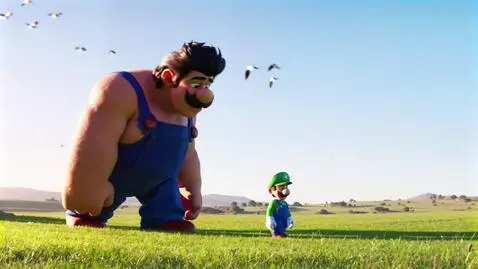 Giant muscular Mario and smaller Luigi walking in a green field under a blue sky.
