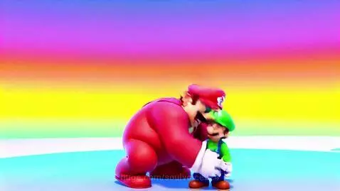 Giant Mario character in red suit hugging a smaller Luigi character in green suit, smiling, with a colorful gradient background.
