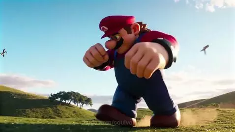 Giant animated Mario character wearing red cap and blue overalls walking through a green, hilly landscape under a blue sky.