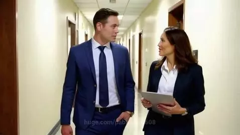 Man and woman in suits discussing a project in an office hallway, woman holds a tablet.