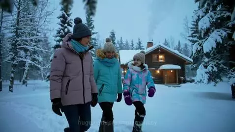 Family walking through a snow-covered forest towards a cozy cabin with smoke from the chimney.