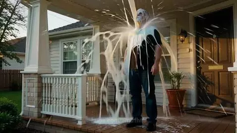 Man standing on porch, covered head to toe in milk pouring from above.