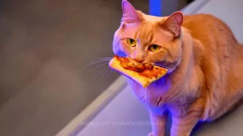 Close-up of a pink cat with bright yellow eyes holding a slice of pizza in its mouth, lit by purple-blue light.