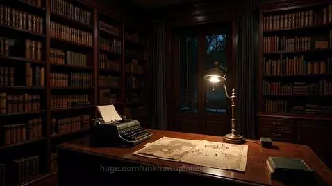 Dimly lit study with bookshelves, vintage desk, and a glowing celestial body visible through the window.