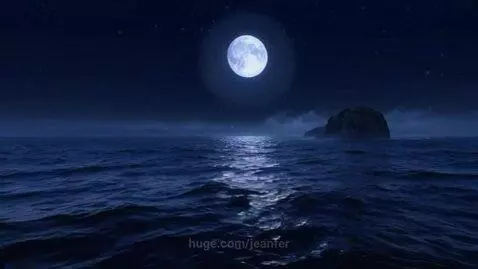 Cinematic night sea scene with a bright full moon, stars, and reflections on water, featuring a textured rock.