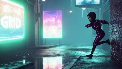 Cyberpunk alley chase at night, hooded figure running on wet pavement reflecting neon lights, pushing off wall.