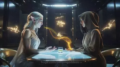 Elf woman and hooded woman in a futuristic lounge, golden light, data streams between them over a glass.