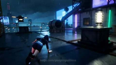 First-person view of parkour across a neon-lit, rain-slicked cyberpunk rooftop at night.