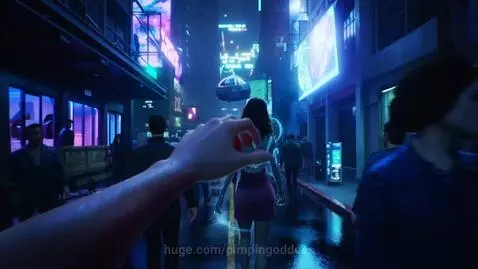 First-person view of a cyberpunk city street at night, with neon lights, rain, and holographic displays on an arm.