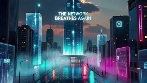Cyberpunk city skyline at dawn with glowing data streams, neon lights, and the holographic phrase 'THE NETWORK BREATHES AGAIN'.