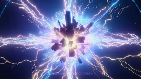 Top-down view of a glowing cyberpunk city dissolving into luminous data streams and fractal light towers, set against a cosmic digital web.