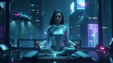 Young woman in a futuristic silver suit meditates in front of a window overlooking a neon-lit cyberpunk city at night.