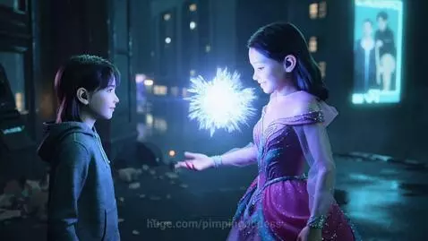Teen girl in cyberpunk city transforms from hoodie to elegant glowing ball gown after touching a data cube.