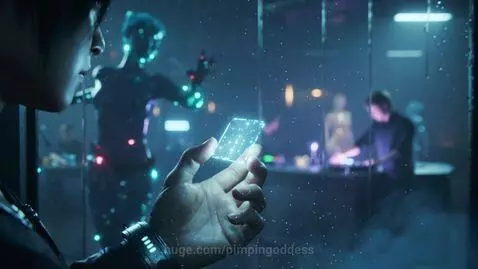 First-person view of a gloved hand holding a glowing holographic chip in a neon-lit cyberpunk nightclub.