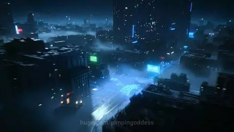 Aerial view of a cyberpunk megacity at night dissolving into glowing blue data streams and circuits.