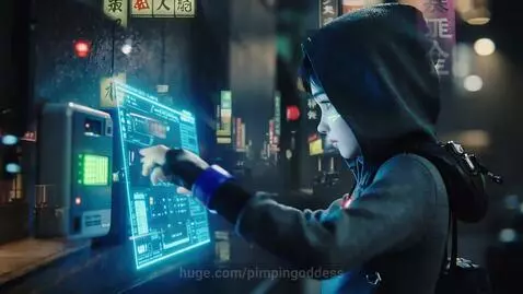 Young girl hacking in a dark, neon-lit alley as security drones approach.