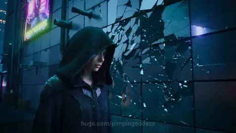Hooded young woman in a neon-lit cyberpunk alley, passing a shattered mirror wall reflecting distorted city lights.