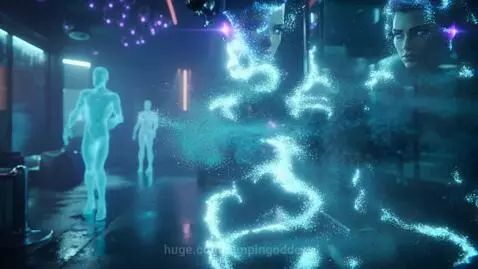 Cyberpunk woman with glowing eyes transforms from holographic male figures in a neon-lit club.