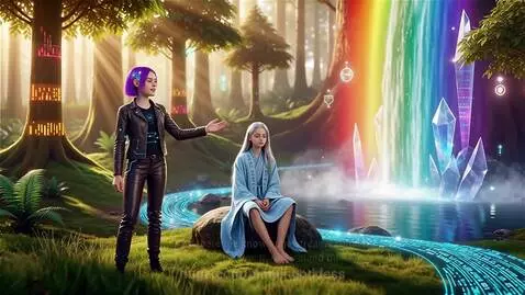 Two teens in a VR forest, one with purple hair near a rainbow waterfall of data, the other with silver hair meditating.