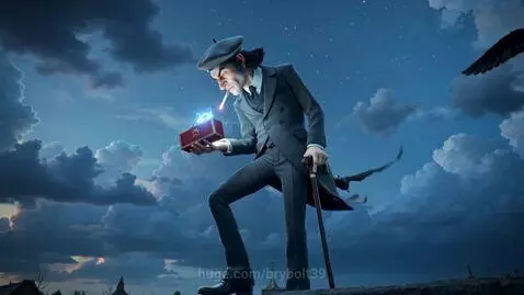 Close-up of Woland, a man with uneven eyebrows and a distinctive cane, holding a glowing cigarette case, with a dark sky and birds in the background.