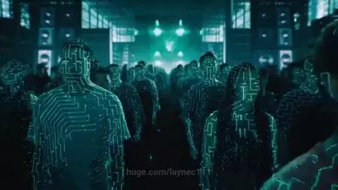 Massive crowd at a neon-lit drum and bass festival, bodies glowing with digital code, dancing in unison at night.