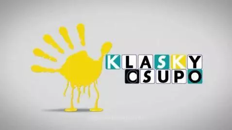 Animated Klasky Csupo logo with a yellow handprint and colorful blocks spelling out the name on a light grey background.