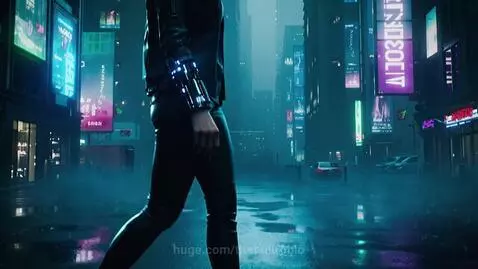 Woman in hooded jacket walks through neon cyberpunk city rain, with a glowing halo effect.
