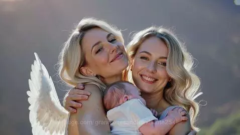 Two smiling women, one with white angel wings, holding a sleeping baby outdoors.