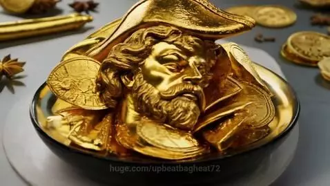 Golden bust of a pirate-like Zeus, adorned with a tricorn hat, surrounded by overflowing gold coins and star anise.