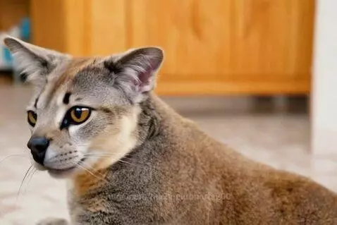 Chausie cat with amber eyes lying down, looking intently off-camera in a blurred indoor setting.