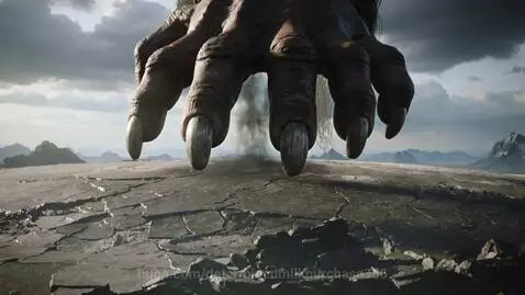 A gigantic monster hand with sharp claws crushing a desolate, cracked earth, causing explosions and smoke.
