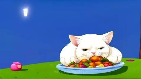 A fluffy white cartoon cat is lifted into the blue sky by a UFO, waving its paws.