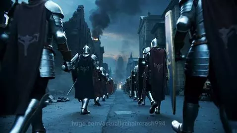 Armored knights in dark cloaks march away from viewer down a destroyed city street with ash falling.