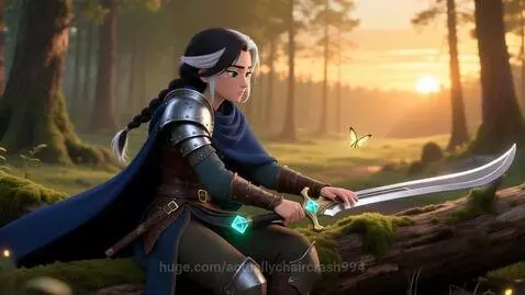 Animated warrior Valeriya with green eyes and a glowing sword sits on a mossy log in a serene forest at sunset.