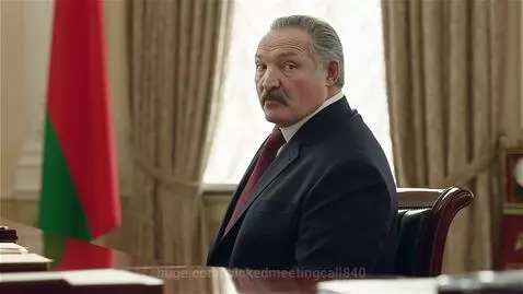 Man resembling Alexander Lukashenko in a suit, sitting at a desk, asking 'Evgeny, where is my beer with fish?'