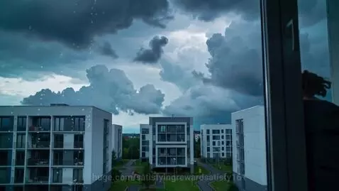 Silhouettes of people visible behind an apartment window, looking out at a stormy, cloudy sky.