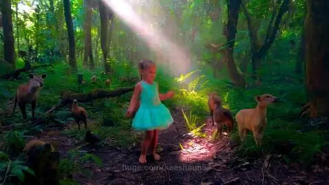 Barefoot toddler girl in green dress dancing with deer and birds in a sun-drenched, lush forest.