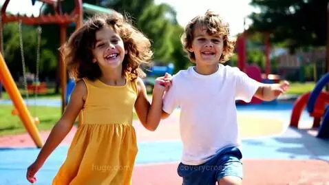 A 12-year-old girl in a yellow dress and a boy in a white t-shirt run smiling on a playground.