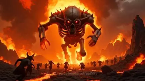 A giant burning skeleton runs through hell with demons and lava.