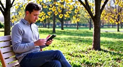 Young man sitting on a wooden park bench, looking at his smartphone, surrounded by yellow autumn leaves.